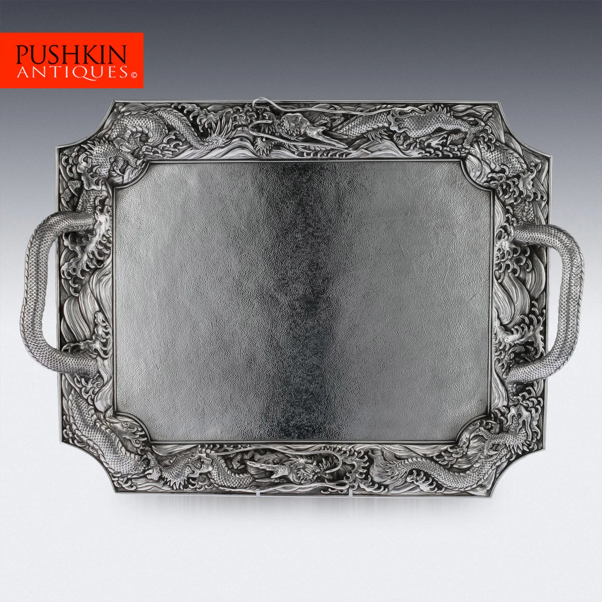 ANTIQUE 20thC JAPANESE SOLID SILVER DRAGON TEA TRAY, Y KONOIKE